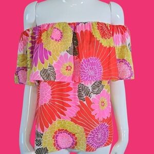 Trina Turk Orange and Pink Ruffled Puff Sleeve Blouse
